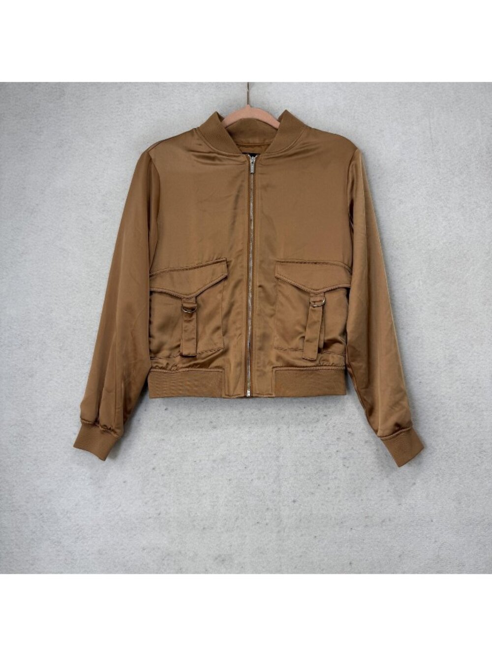 Sanctuary Jacket Womens XS Brown Satin Bomber Full Zip Utility Pockets Short